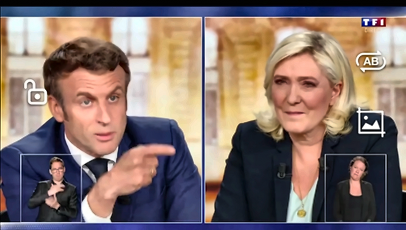 Figure 14. Marine Le Pen : bouche fermée, sourcils froncés et écoute critique — 62 min 19 s