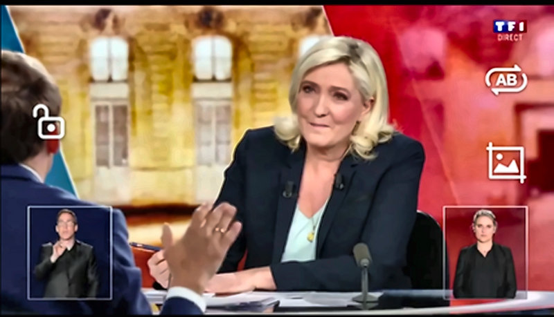 Figure 17. Marine Le Pen : inclinaison du buste, geste vers les cheveux et tension régulée — 68 min 41 s/68 min 45 s