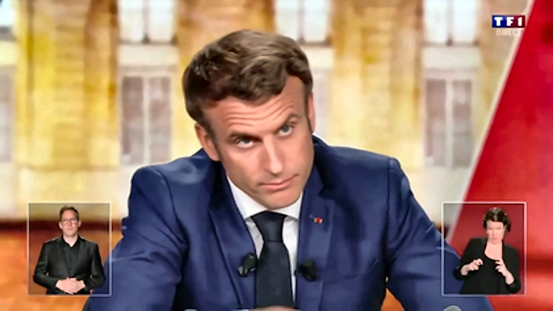 Figure 6. Emmanuel Macron : regard fixe, sourcils froncés et désapprobation silencieuse — 65 min 03 s