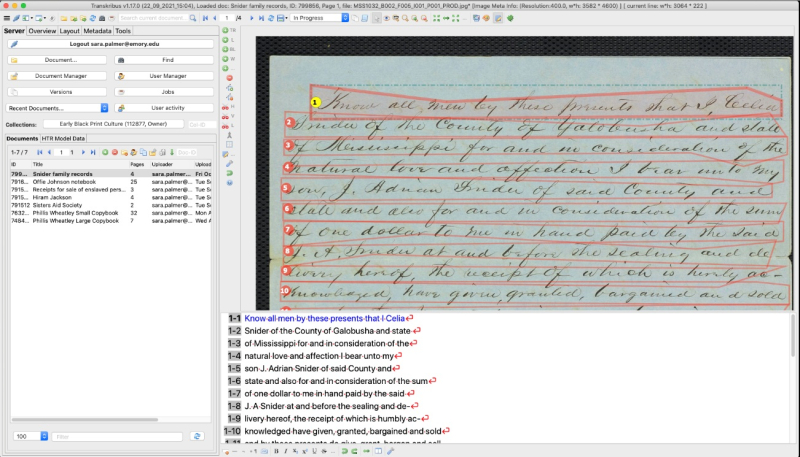 Figure 1. Line segmentation and image–text alignment in the Transkribus interface