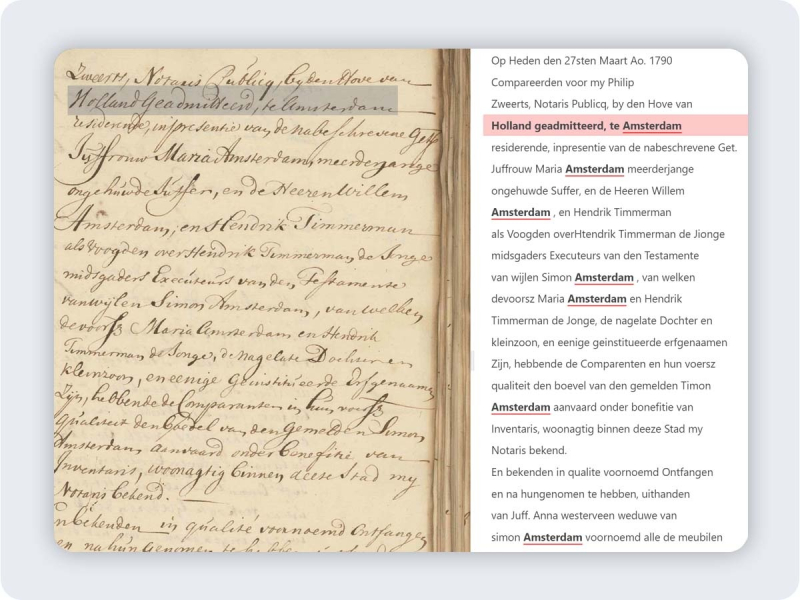 Figure 2. Manuscript image and corresponding transcription with highlighted occurrences.
