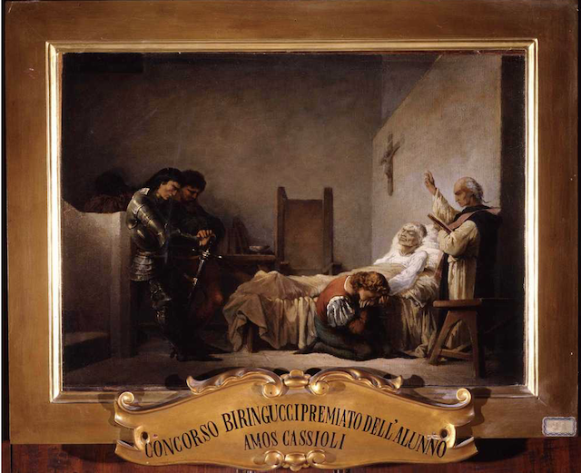 Tav.1. Amos Cassioli, La morte di Niccolò Machiavelli (1860), tec. Olio su tela, soggetto ‘pittura di storia’, Cm 40x54, Ubi. Siena.