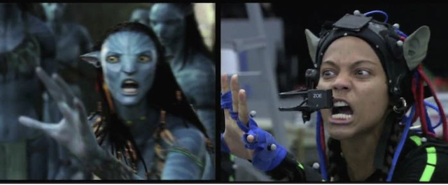 شكل 2 : تطبيق فكرة التغذية العكسية أو المرتدة Feed Back بين الإنسان والآلة في العمل السينمائي Avatar، بداية من توزيع ال (Sensors) على جسم الشخص الحقيقي مرورا بالترجمة الرقمية لحركة الجسم وبناء الشخصية الرقمية، ثم الربط بينهما لتنفيذ نفس الحركات والأفعال.