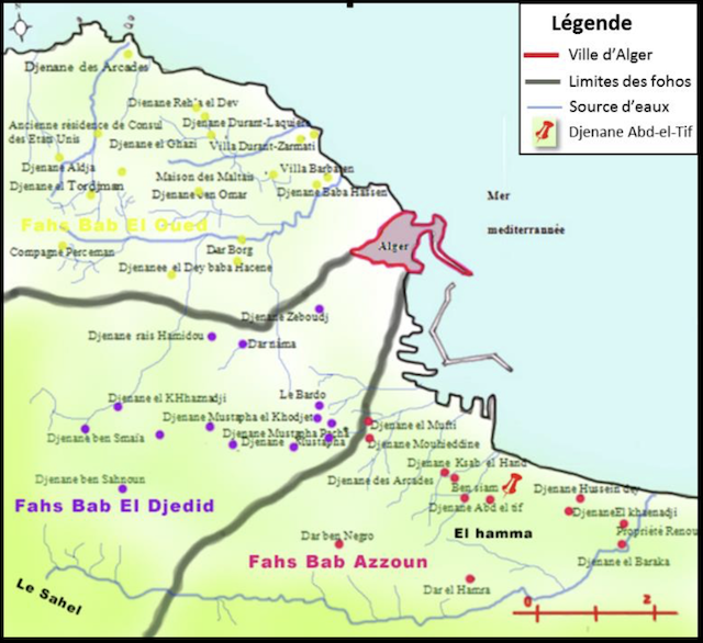 Figure 2 : Implantation de quelques djenanes dans les vastes et verdoyants Fohos de la médina d’Alger